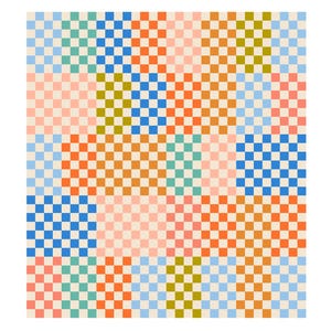 May include: A colorful patchwork design with a grid pattern in shades of orange, blue, green, and pink. The text at the bottom reads "MAGGIE PEARL, PATTERN BY PENELOPE HANDMADE, KIT BY MAECHEN MARIE."