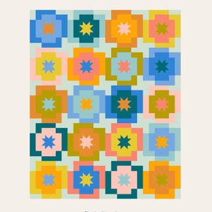 May include: A colorful quilt pattern featuring a repeating floral design in shades of blue, orange, pink, and green. The text "MEADOWSTAR" and other details are included. The pattern is by Then Came June and the kit is by MaeChen Marie.