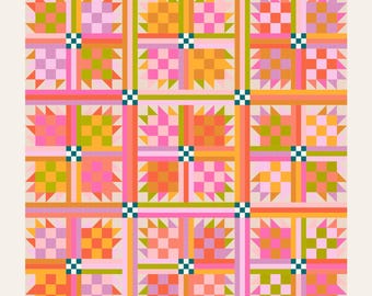 May include: A colorful quilt design titled "Goldie #1" with a repeating pattern of star-like blocks in shades of pink, orange, green, and yellow. The design is by Then Came June and the kit is by MaeChen Marie.