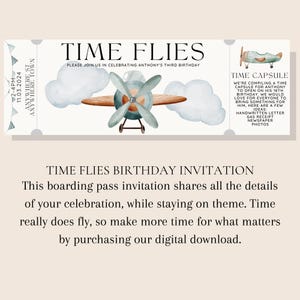 Die Zeit vergeht wie im Flug Geburtstagsfeier-Einladung Bordkarte Flugzeug Thema Zeitkapsel oder zusätzliche Informationen Sofortiger Download Bearbeitbar