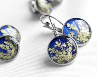 Real flower earrings resin Blue dried flowers earrings Queen Anne lace flowers