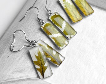 Green Leaf earrings resin Dried flower earrings Pressed leaf real