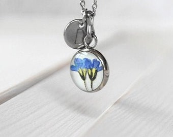 Forget me not necklace Tiny real flower pendant Initial necklace Mommy and me necklace mother daughter