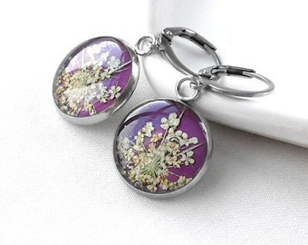 Real flower earrings resin drop earrings dry flower Pressed flower earrings