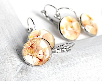 Pressed flower earrings resin Real flowers earrings Peach floral earrings Dry Hydrangea earrings