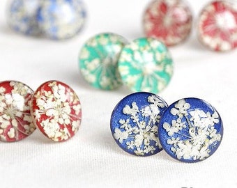 Real flower silver studs Tiny snowflakes post earrings resin Cute mint blue red studs flower girl Delicate floral stud earrings princess