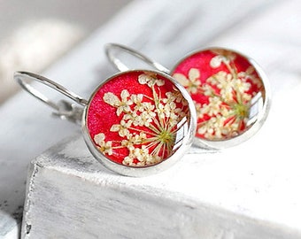 Pressed flower earrings red Valentines earrings Real flowers earrings Botanical earrings