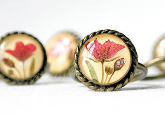Birthday gift|for|her Yellow ring gift Copper ring women Red flower ring Bohemian jewelry Resin jewelry for wife Solitaire ring Promise gift