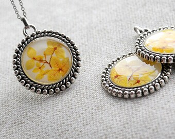 Yellow real flower necklace Boho necklace Real flowers pendant Long bohemian necklace