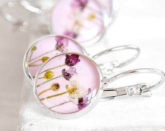 Real flowers earrings resin Tiny dry flower earrings small Pressed flower earrings