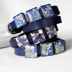 Blue double wrap bracelet Real flower resin Dry flower bracelet leather Resin wrap bracelet anniversary Romantic bracelet pressed flower image 1