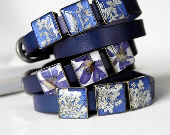 Blue double wrap bracelet Real flower resin Dry flower bracelet leather Resin wrap bracelet anniversary Romantic bracelet pressed flower