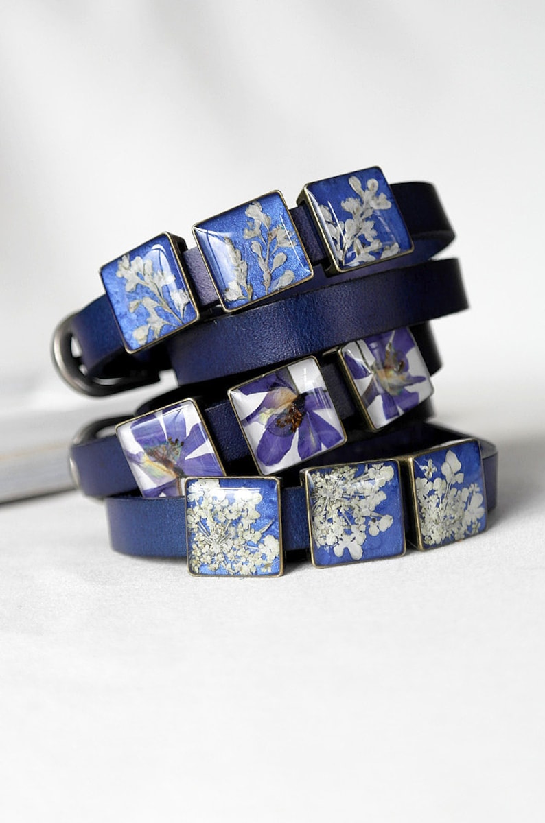 Blue double wrap bracelet Real flower resin Dry flower bracelet leather Resin wrap bracelet anniversary Romantic bracelet pressed flower image 1