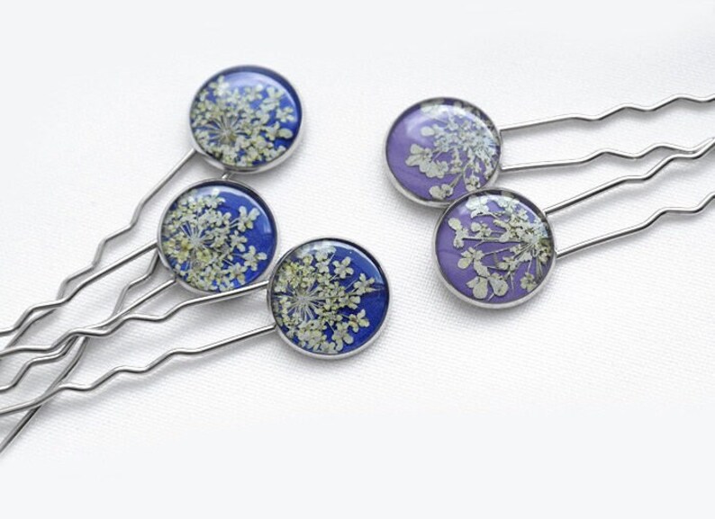 Real flowers hair stick pins girls Floral hair pin resin Dry flowers hair pick stick Vegan image 1