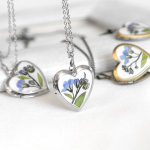 Heart locket necklace remember resin Photo locket pendant Forget me not flower necklace Real flower Pressed flowers image 7