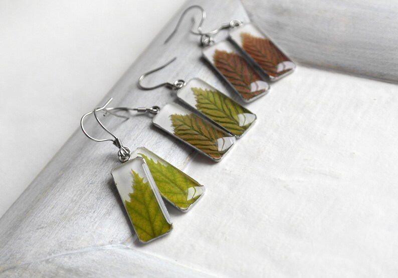 Green leaf earrings resin Dried flower earrings Pressed leaf real flowers earrings image 8