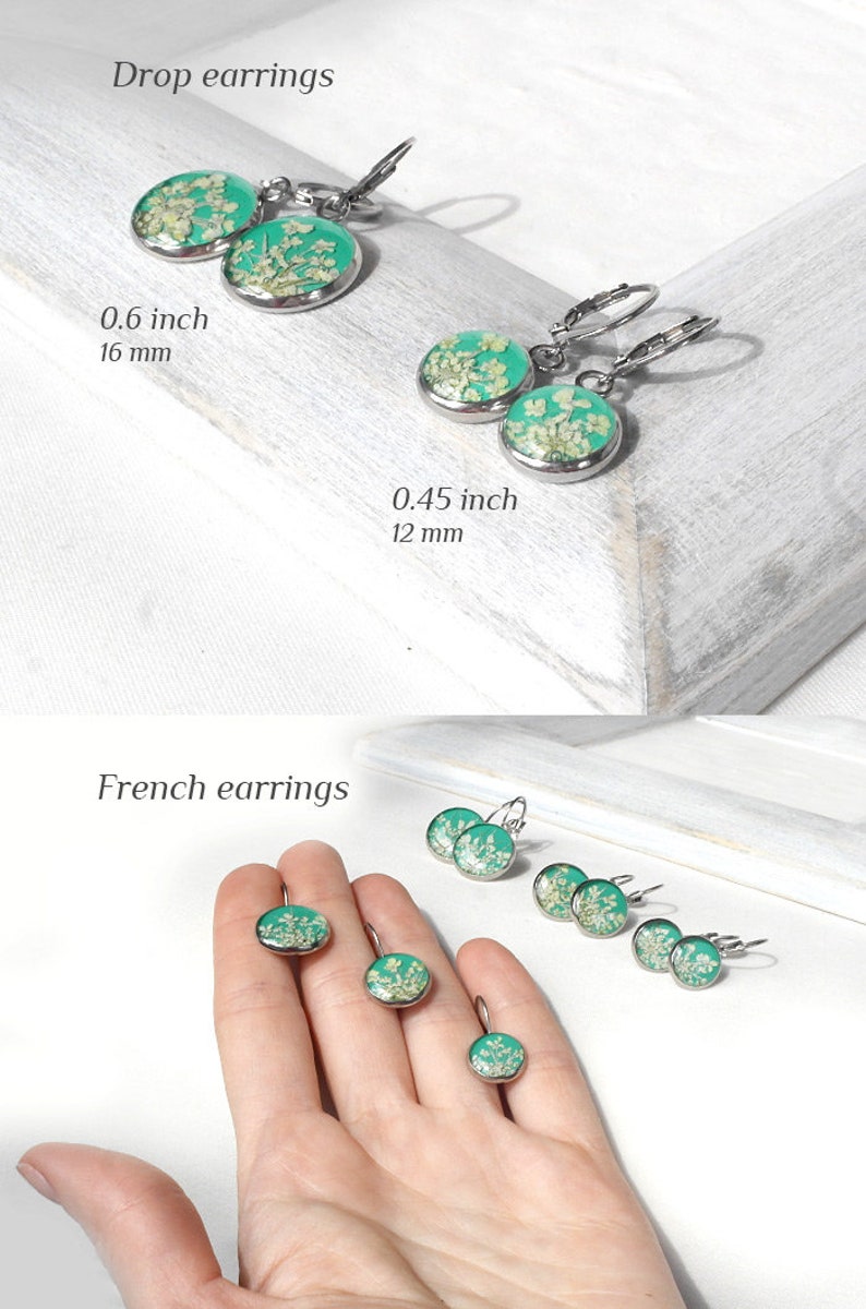 Real flower earrings resin drop earrings dry flower Pressed flower earrings Mint