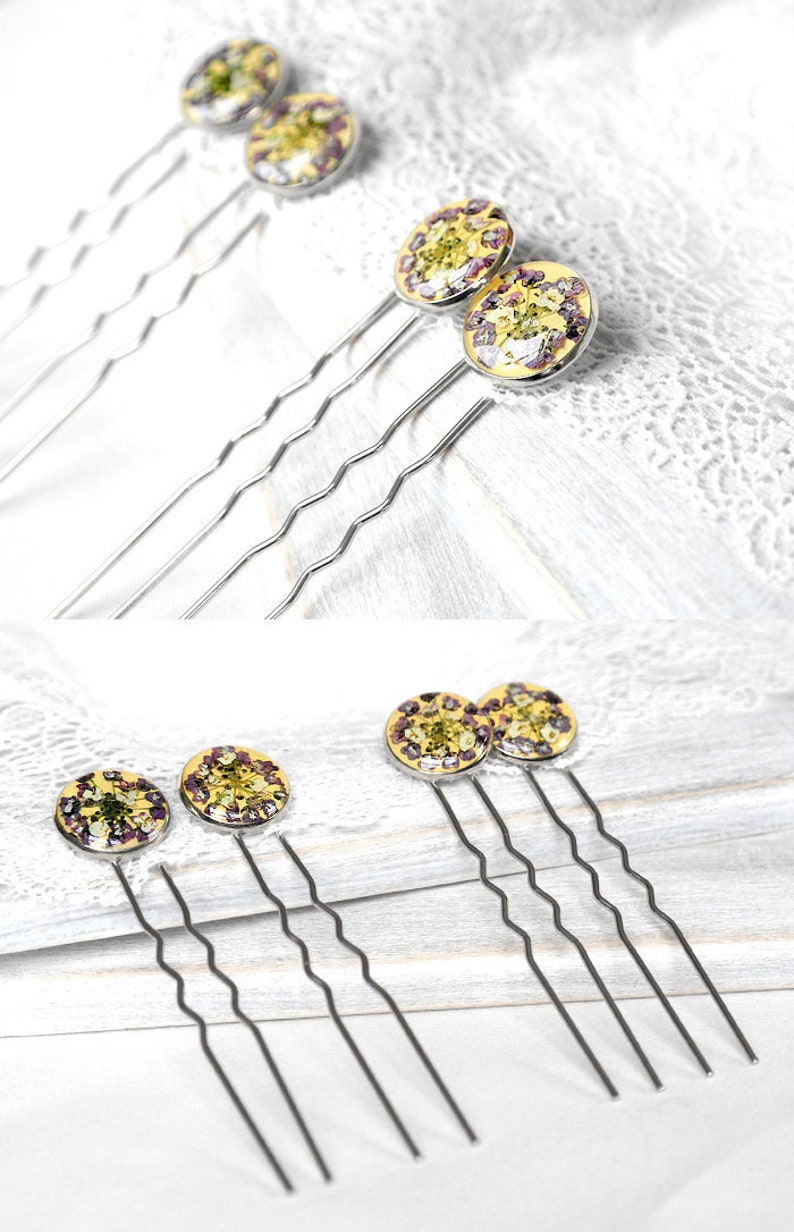 Real flowers hair stick pins girls Floral hair pin resin Dry flowers hair pick stick Vegan imagem 4