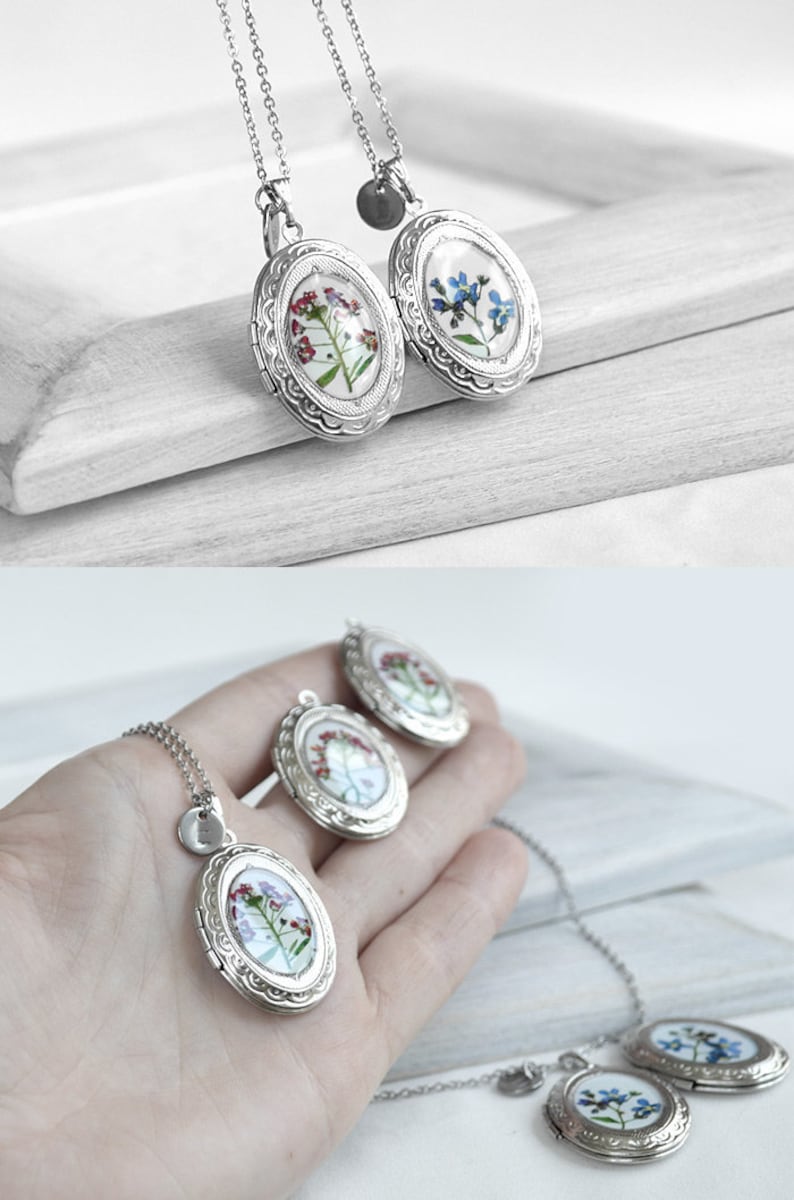 Forget-me-nots personalized locket necklace Anniversary initial gift for her Wedding memory jewelry gift Custom necklace Real flower pendant