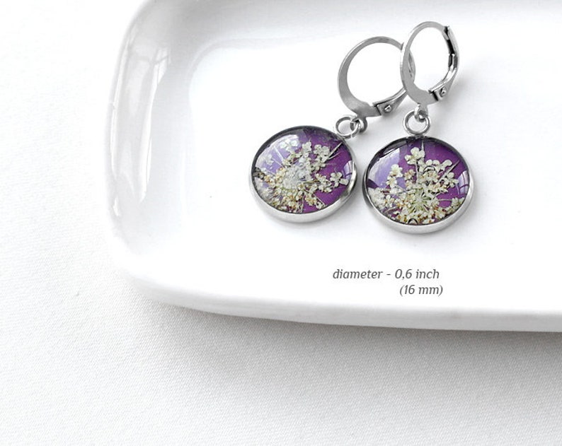 Real flower earrings resin drop earrings dry flower Pressed flower earrings Purple