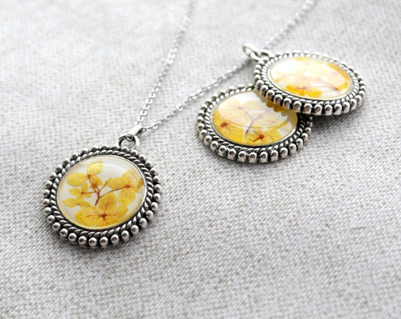 Yellow real flower necklace Boho necklace Real flowers pendant Long bohemian necklace image 2