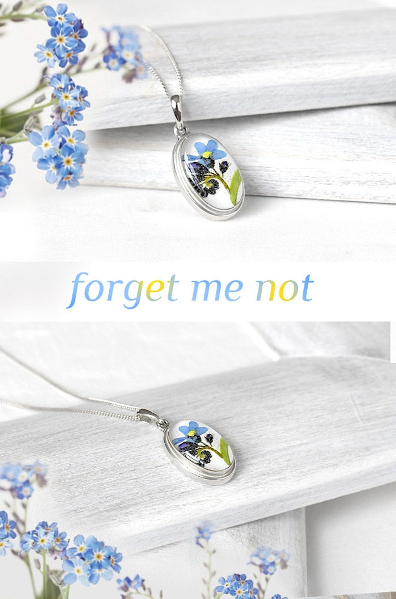Forget me not necklace Sterling silver wedding anniversary gift for bride Real blue flower pendant resin Will you be my bridesmaid proposal