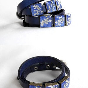 Blue double wrap bracelet Real flower resin Dry flower bracelet leather Resin wrap bracelet anniversary Romantic bracelet pressed flower image 3
