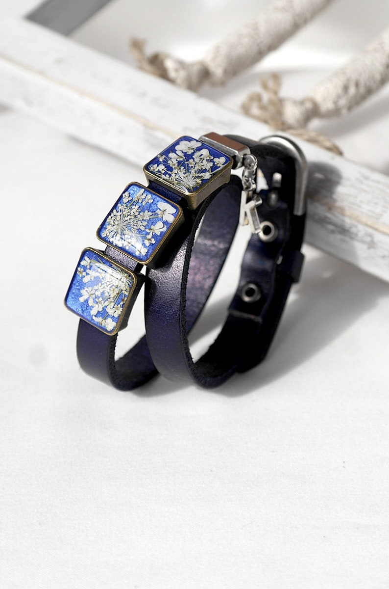 Blue double wrap bracelet Real flower resin Dry flower bracelet leather Resin wrap bracelet anniversary Romantic bracelet pressed flower image 6