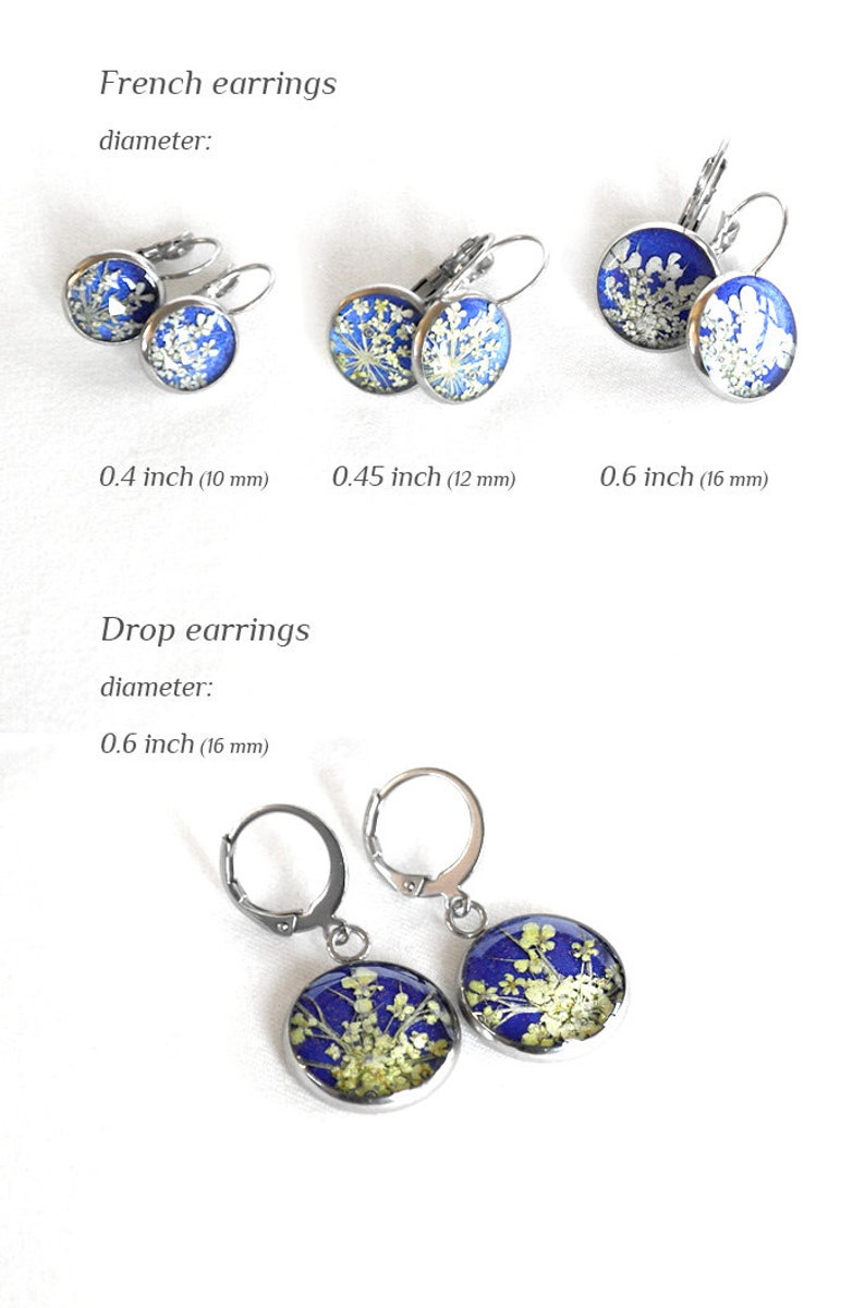 Real flower earrings resin drop earrings dry flower Pressed flower earrings Blue