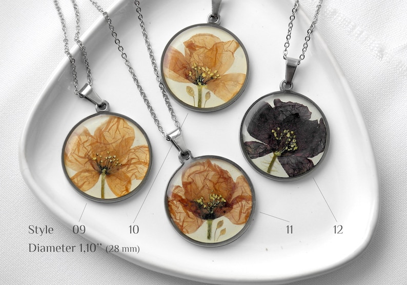 Pressed flower necklace resin Real flower necklace Poppy Birth flower pendant Birth month necklace August birthday necklace image 5