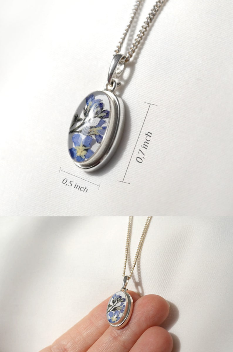 Forget me not necklace Sterling silver wedding anniversary gift for bride Real blue flower pendant resin Will you be my bridesmaid proposal