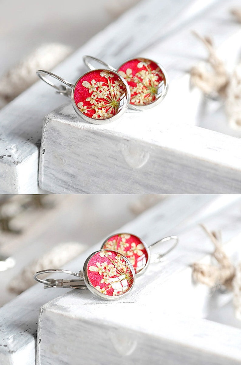 Pressed flower earrings resin Red real flower earrings Botanical romantic earrings Valentines image 1