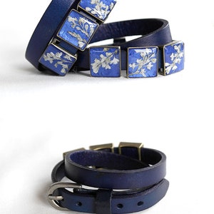 Blue double wrap bracelet Real flower resin Dry flower bracelet leather Resin wrap bracelet anniversary Romantic bracelet pressed flower image 4