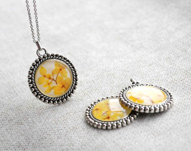 Yellow real flower necklace Boho necklace Real flowers pendant Long bohemian necklace image 3