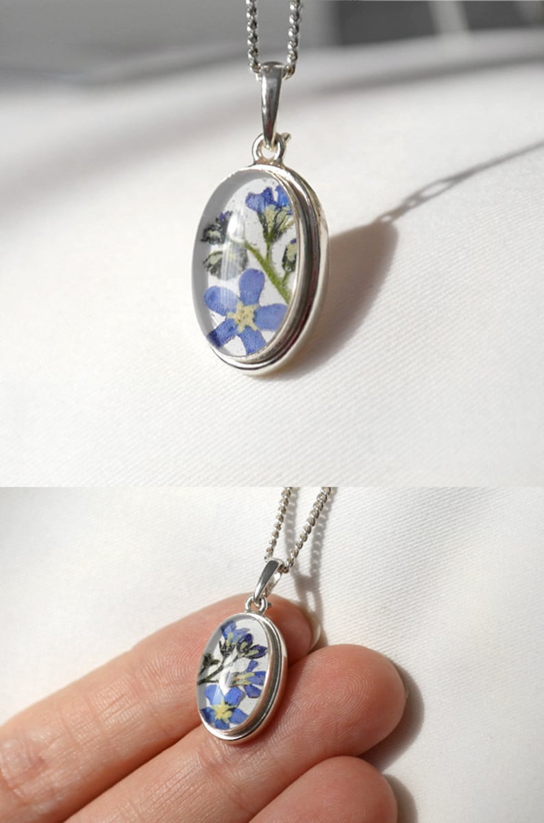 Forget me not necklace Sterling silver wedding anniversary gift for bride Real blue flower pendant resin Will you be my bridesmaid proposal