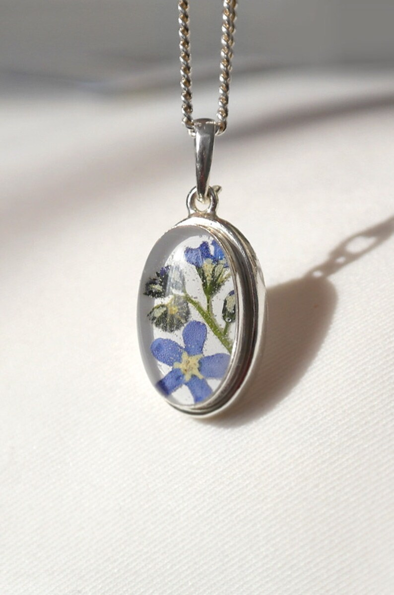 Forget me not necklace Sterling silver wedding anniversary gift for bride Real blue flower pendant resin Will you be my bridesmaid proposal
