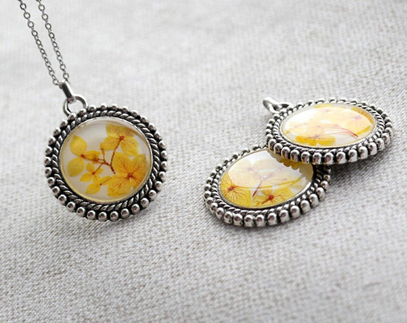 Yellow real flower necklace Boho necklace Real flowers pendant Long bohemian necklace image 1
