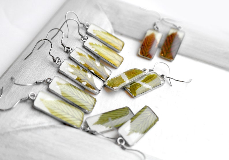 Green leaf earrings resin Dried flower earrings Pressed leaf real flowers earrings image 6