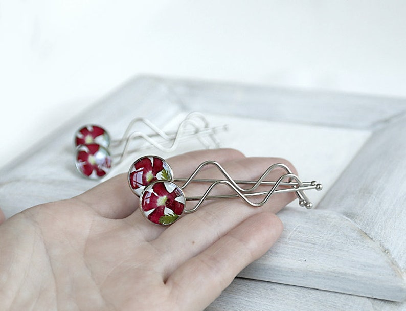 Resin Barrette Red real flowers bobby pins Wedding hair accessories for flower girls image 5