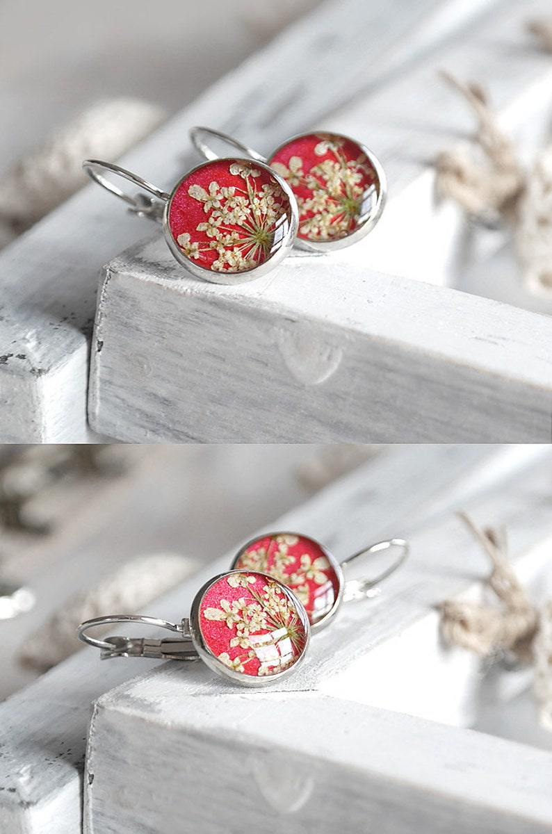 Pressed flower earrings resin Red real flower earrings Botanical romantic earrings Valentines image 5