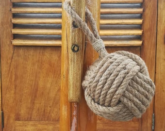 Rope Door Bumper, Handle Cushion Door Stop. Extra Large Monkey Fist Knot to prevent door handles hitting walls. Natural rope. Lightweight.