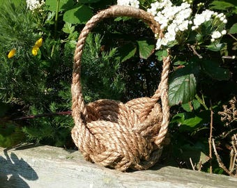 Rustic Flower Girl Basket, Bridesmaids, Summer Wedding, Natural Rope Knot Bowl with Handle. Rope Planter. Hand sewn. Nautical Wedding Basket