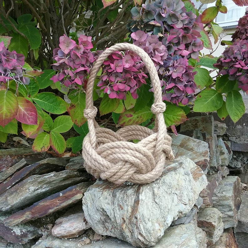 Jute Bridesmaids Basket Hand sewn Natural Rope Knot Nautical Wedding. Planter Beach Wedding Rustic Flower Girl Basket