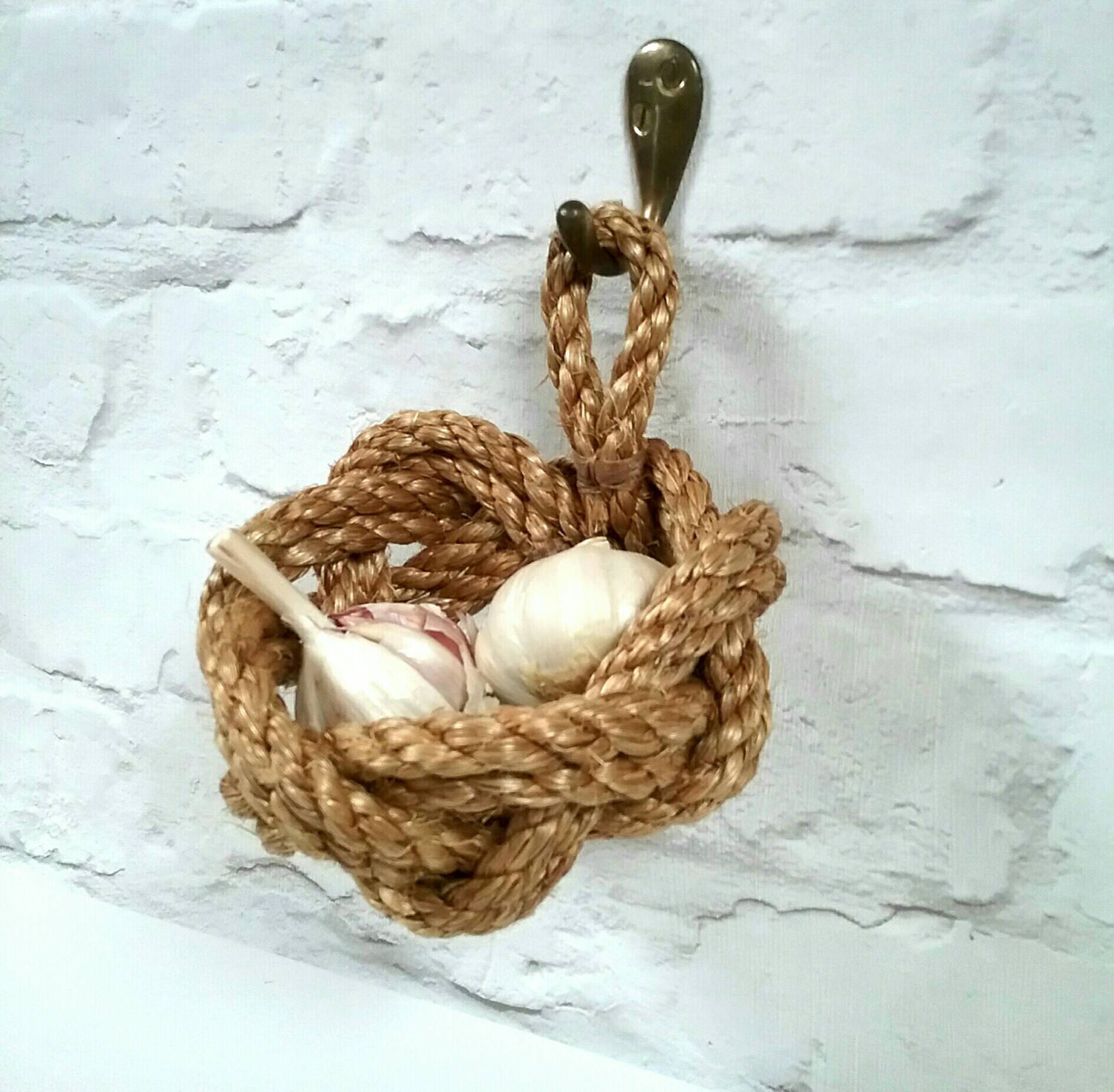 Rustic Garlic Basket Small Hanging Rope Knot Bowl Country Etsy