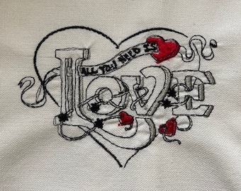 Embroidered Linen Weave Towel with "All You Need is Love "