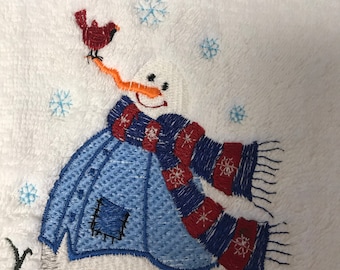 Snowman & Cardinal Machine Embroidered Terry Hand Towel