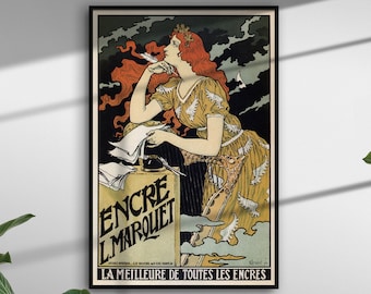 Poster Jeune femme écrivant impression art nouveau français orange bleu