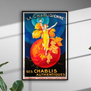 Vintage Poster, La Chablisienne Girl Print, French Art Nouveau, Orange Blue