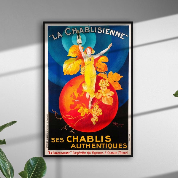 Affiche vintage, impression La Chablisienne Girl, Art nouveau Français, bleu orange