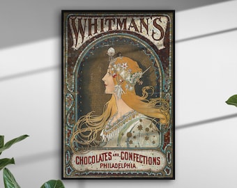 Vintage poster chocolade meisjesprint franse art nouveau rood blauw